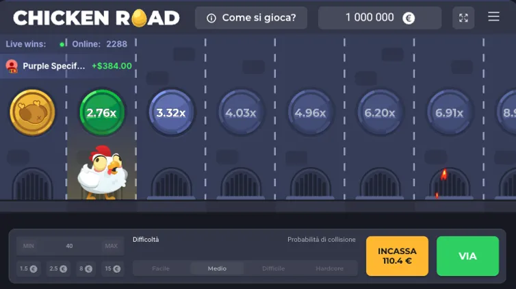 Chicken Road: il pollo sulla strada, i moltiplicatori e il pulsante Incassa nella demo