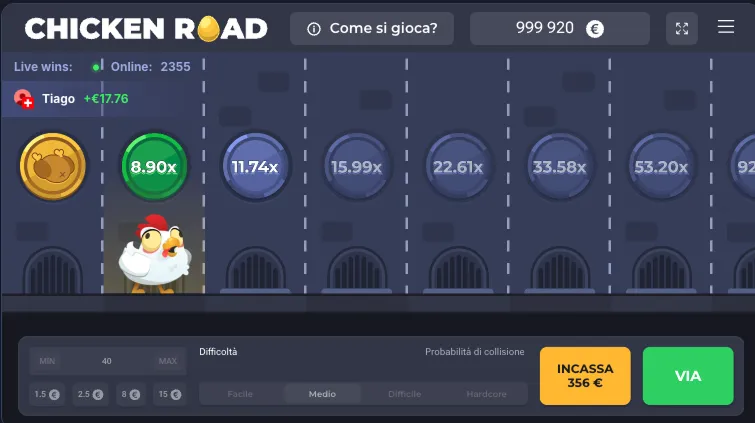 Interfaccia del Gioco del Pollo: le corsie, il moltiplicatore e il pulsante Incassa in una sessione dimostrativa